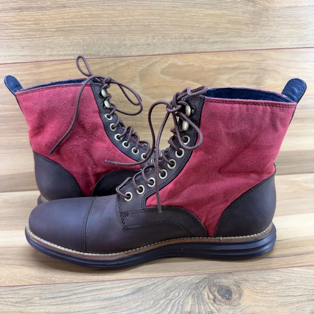 Cole Haan Original Grand Cap Toe Boots Mens 8 Brown Leather Red Canvas Casual